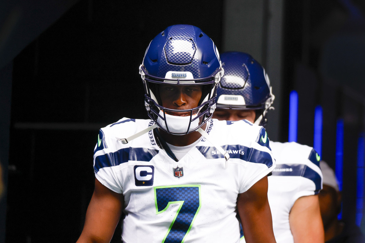 Seattle Seahawks quarterback Geno Smith (7) exits the locker room before pregame warmups against the Carolina Panthers at Lumen Field.